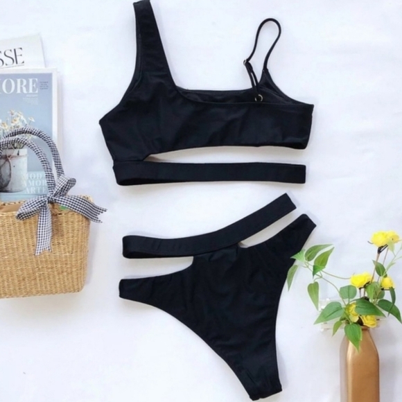 New Black Cut Out Bralette High Waist Bikini Set Swimsuit Size L - Picture 8 of 9